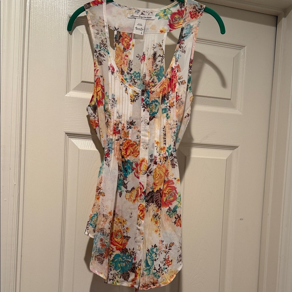 Boho Fall Layering CottageCore Babydoll Romantic Floral Tie Racer back Tank L